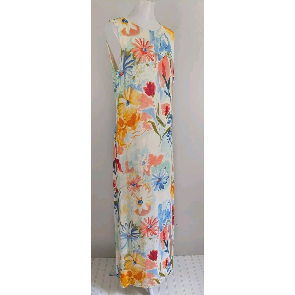 90s Vtg Artsy Watercolor Floral Maxi Dress Boho Sleeveless 10 12 USA Rayon Crepe